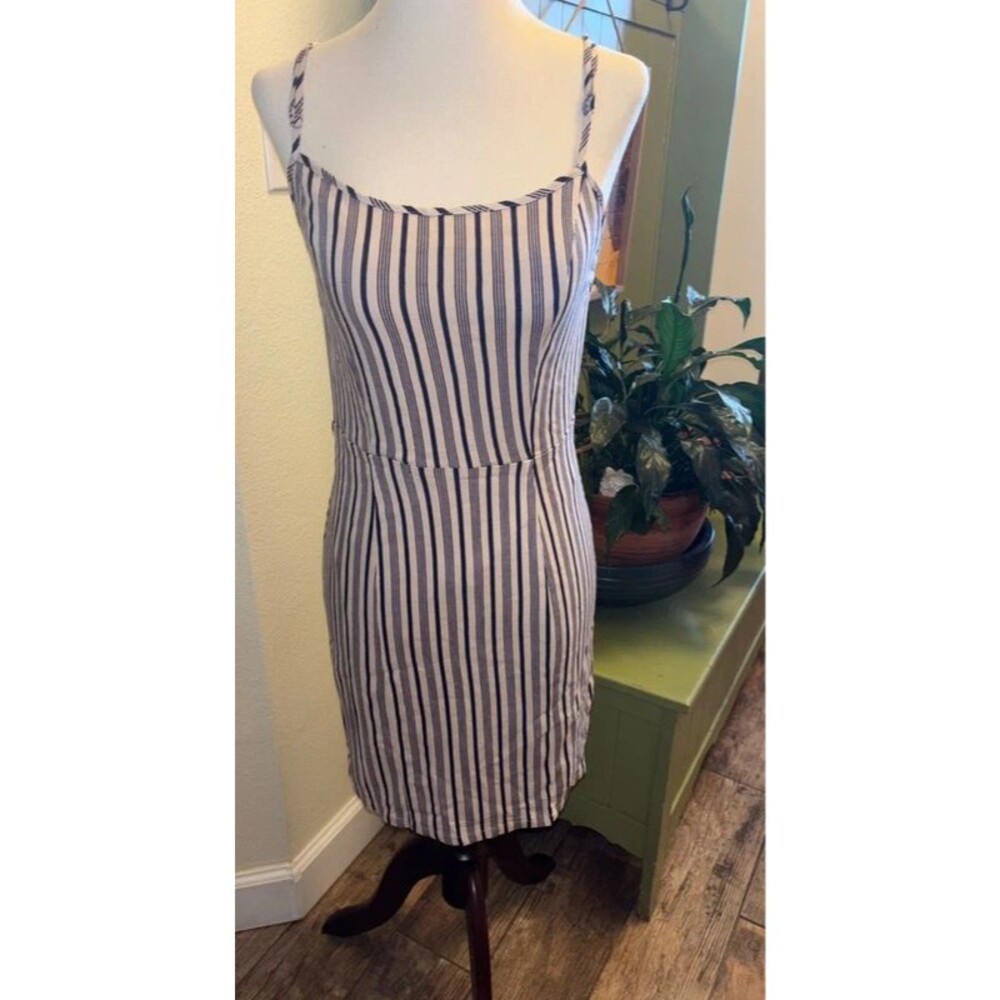 NWT Forever 21 Blue Tan khaki White Pinstripe Dress Small S
